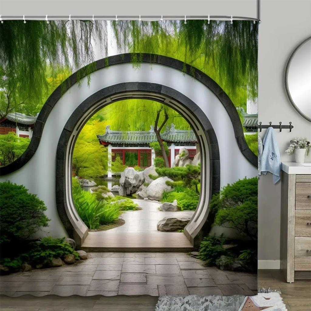 Шторка для душа в китайском стиле, винтажная деревянная доска, садовая постройка, зеленые растения, бамбуковый узор, декор для ванной комнаты, комплект штор