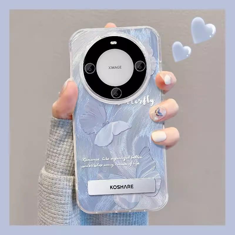 Applicable To Huawei Pura70pro Mobile Phone Case Vivos18 Smudge Blue Butterfly Stand Oppo Feather Yarn Xiaomi 14