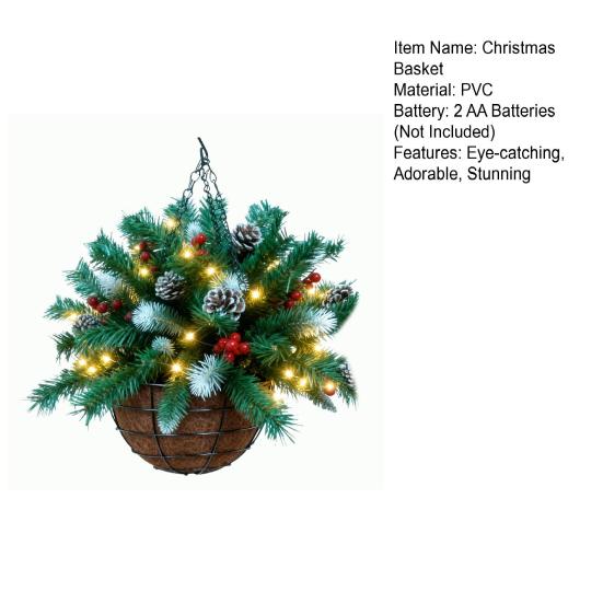 Предварительно освещенная рождественская подвесная корзина Искусственная корзина с зеленью с сосновыми шишками Красными ягодами Уличный подвесной кашпо со светодиодной подсветкой для зимы на улице