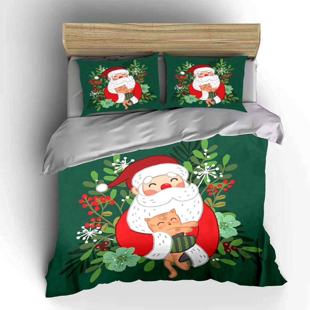 Santa Hugging Cat Green Design Bedding Duvet Cover Set Duvet Cover Pillowcases  (1*Duvet Cover 2*Pillowcases, without duvet insert)