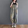 Casual Oversized Print Floral Denim Overalls for Women Loose Wide Leg Mom Jeans Rompers and Jumpsuit Cargo Straps Baggy Pants