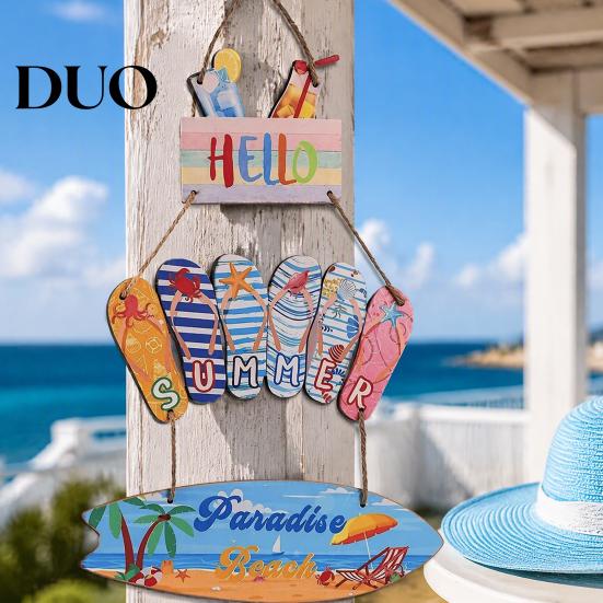 Wooden Flip Flop Sign Hello Summer Door Sign, Beach Theme Hanger, Flower Wall Hanging Flops Welcome for Home Office Indoor Outdoor Decoration Decor