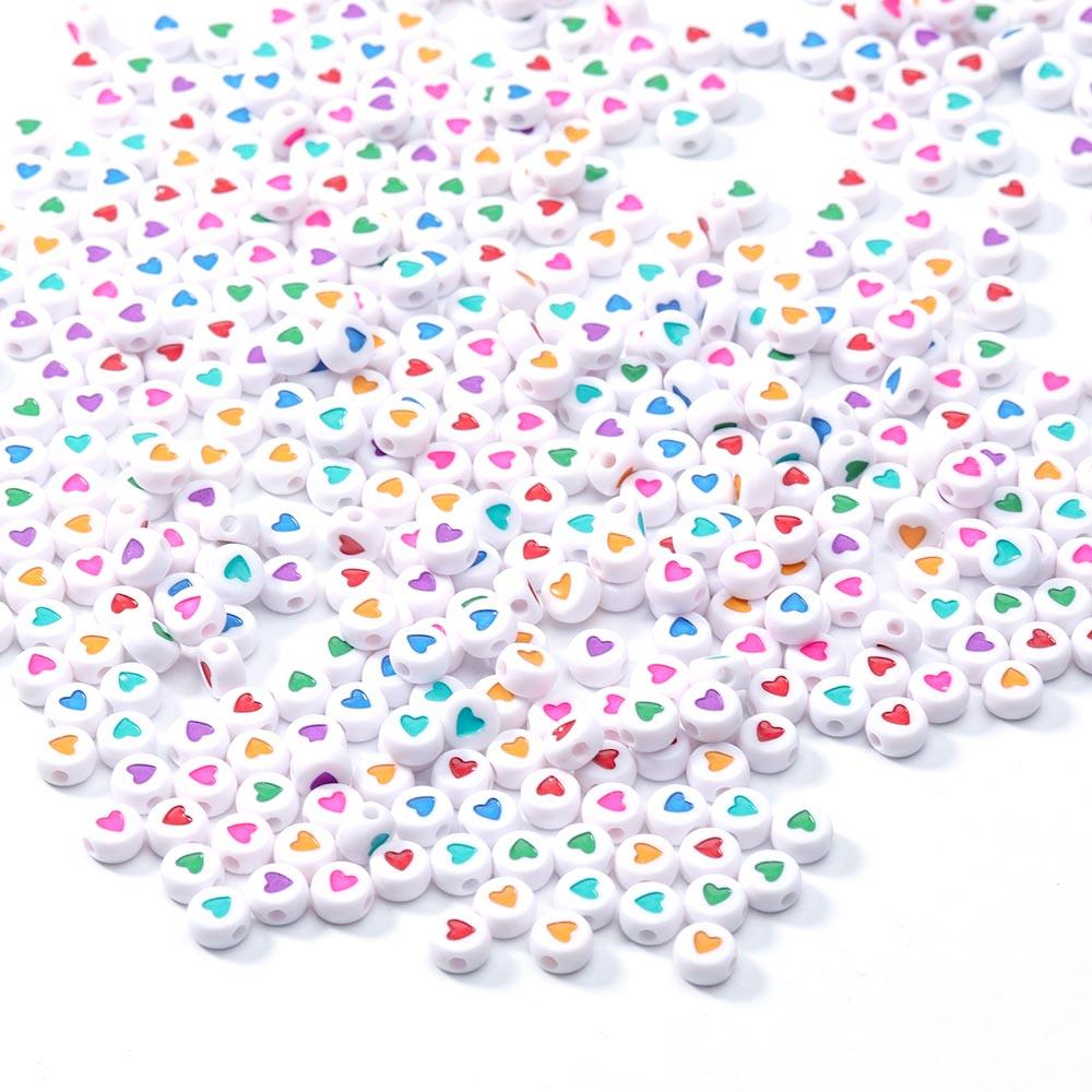 100Pcs 7mm Acrylic Flat Round Beads Colorful Heart Pattern Loose Spacer Beads For DIY Bracelets Earrings Making Supplies