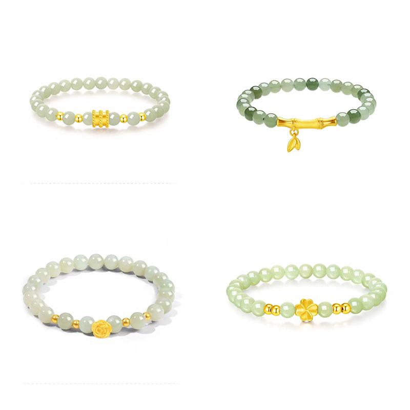 999 Pure Gold & Hetian Jade Women's Bracelet with Lotus, Seed Pod, Bamboo, and Lily of the Valley Design
