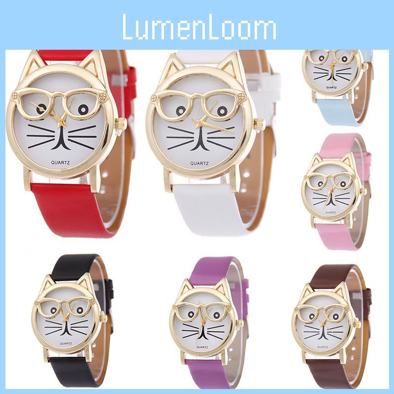 Очаровательные женские кварцевые часы с кошачьей мордочкой и кожаным ремешком, мультяшный дизайн