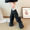 Модные Ретро Сапоги с Широким Голенищем Женские Индивидуальные Маленького Размера Длинные Сапоги Толстая Подошва Увеличение Роста Полные Икры MM Сапоги Рыцаря Материал ПУ Круглый Носок