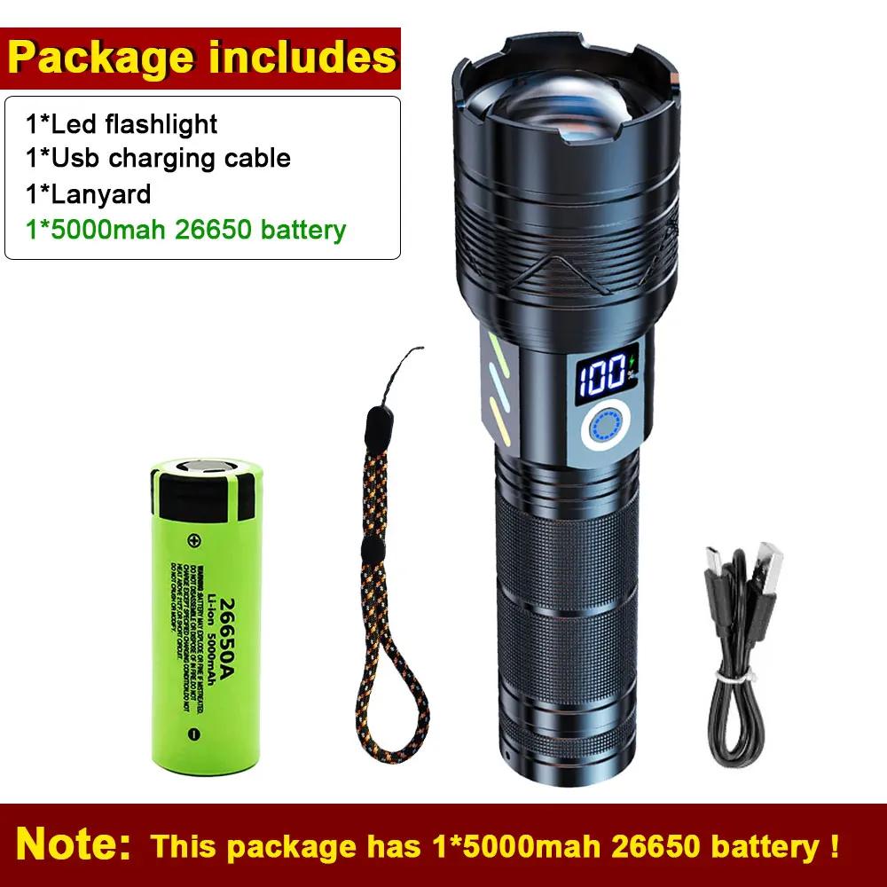 High Power Strong Light Flashlight Rechargeable Long Range USB Charging 26650 Battery Outdoor Telescopic Zoom Super Bright Torch