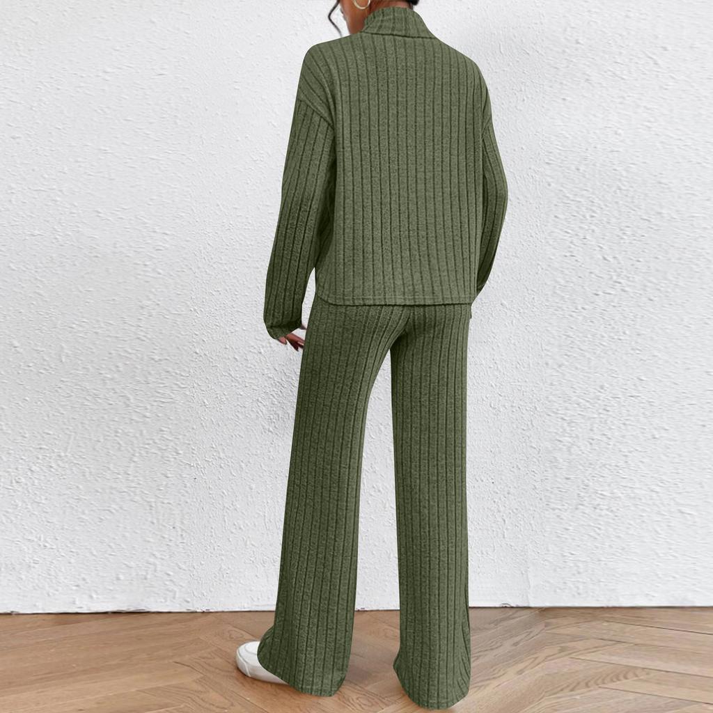 Женский модный однотонный топ с высоким воротником и длинным рукавом, повседневные брюки с эластичной талией, комплект из двух предметов