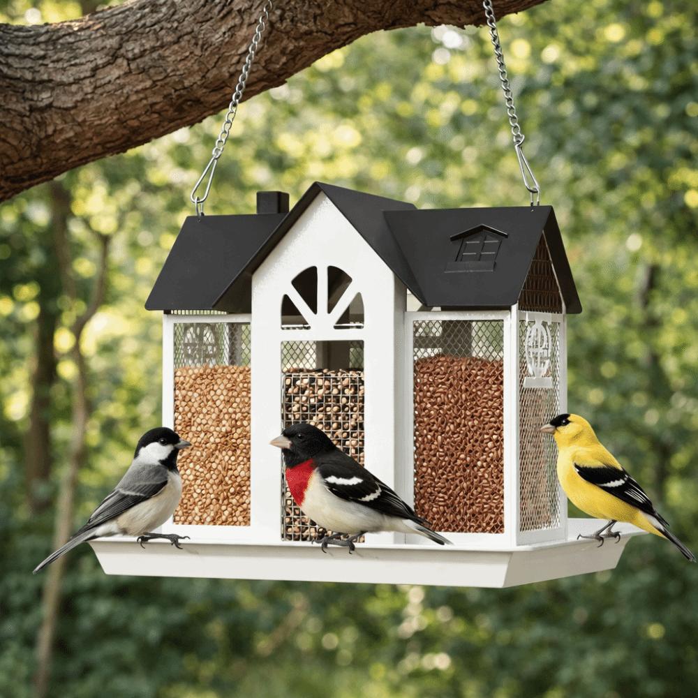 Multi-purpose Metal Hanging Bird Feeder Large Capacity House Shape Hummingbird Feeder Rainproof Wild Bird Feeder Yard Decoration