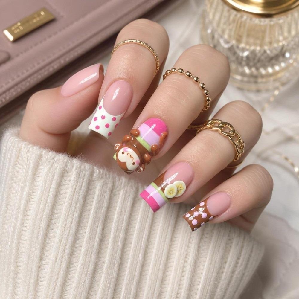 24pcs Y2K Fake Nails Monkey Banana Chips Decor French Nails New Press On Nails Girls