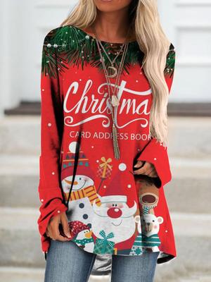 Женская футболка больших размеров с принтом на весну и Рождество, удобная, с длинным рукавом и круглым вырезом, повседневная, свободного кроя, средней длины, топы
