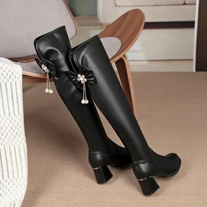 Fashion Ladies Shoes 2024 High Quality Back Zip Women's Boots Fashion Butterfly-knot Modern Boots Women New Round Toe Knee-High Boots