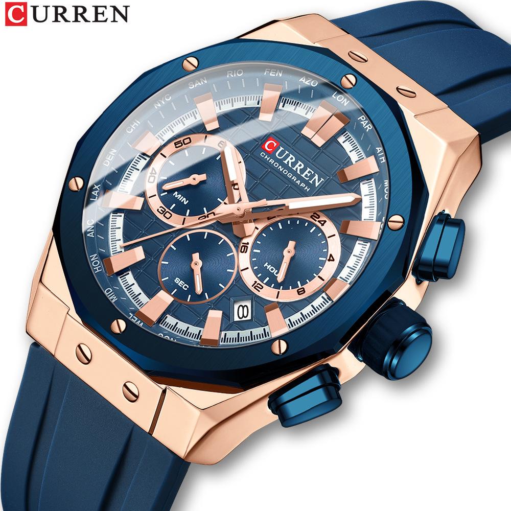 CURREN 8464 Men's Quartz Watch Calendar Fashion Multifunctional Waterproof Silicone Luminous Casual Business Watches Sports Male Wristwatch