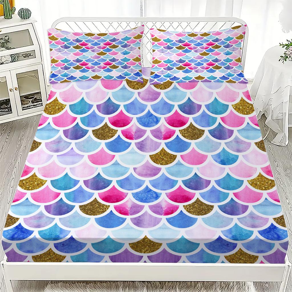 3D Простыня на резинке Воображение Расписные узоры Принт Простыня на резинке и наволочка Комплект постельного белья Мягкий Дышащий Комплект постельного белья