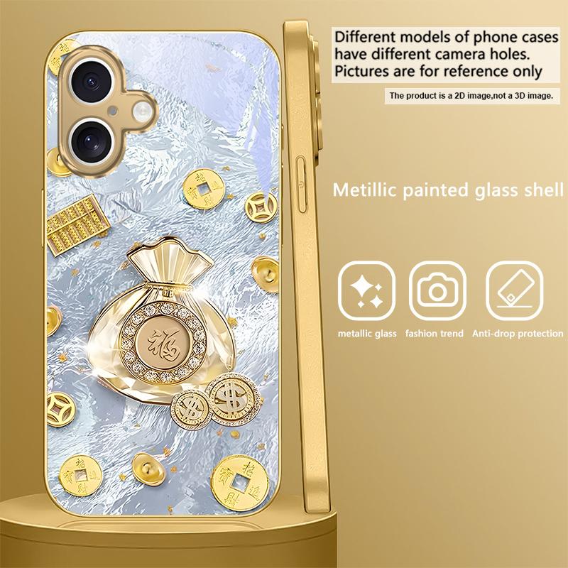 Счастливый мешок благословений Для iPhone 17 Pro Max 16 16E 15 14 13 Plus 12 mini 11 15Pro 17 Air XR X 17ProMax Золотой стеклянный чехол для телефона