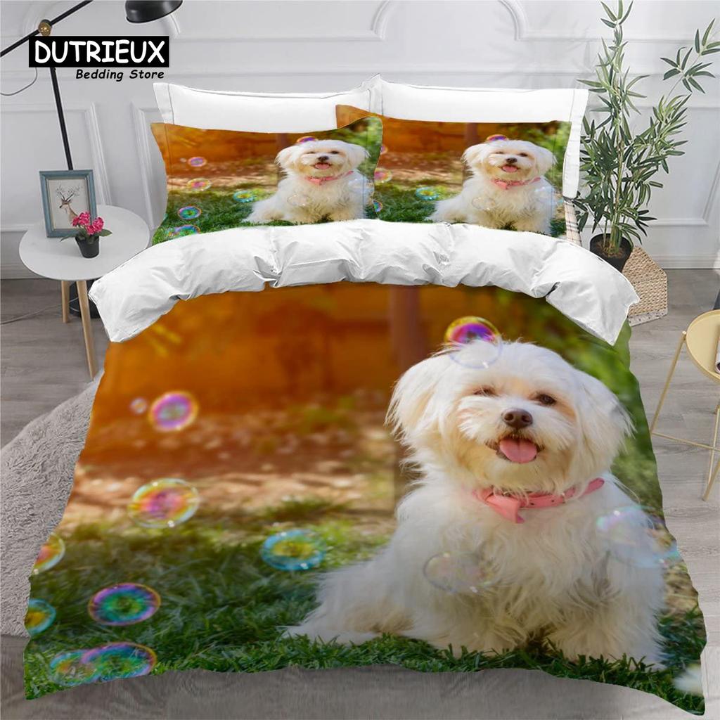 Cute Maltese Dog Duvet Cover Set Pet Dogs Theme Bedding Set Microfiber Kawaii Animal Comforter Cover Twin King For Kids Teens