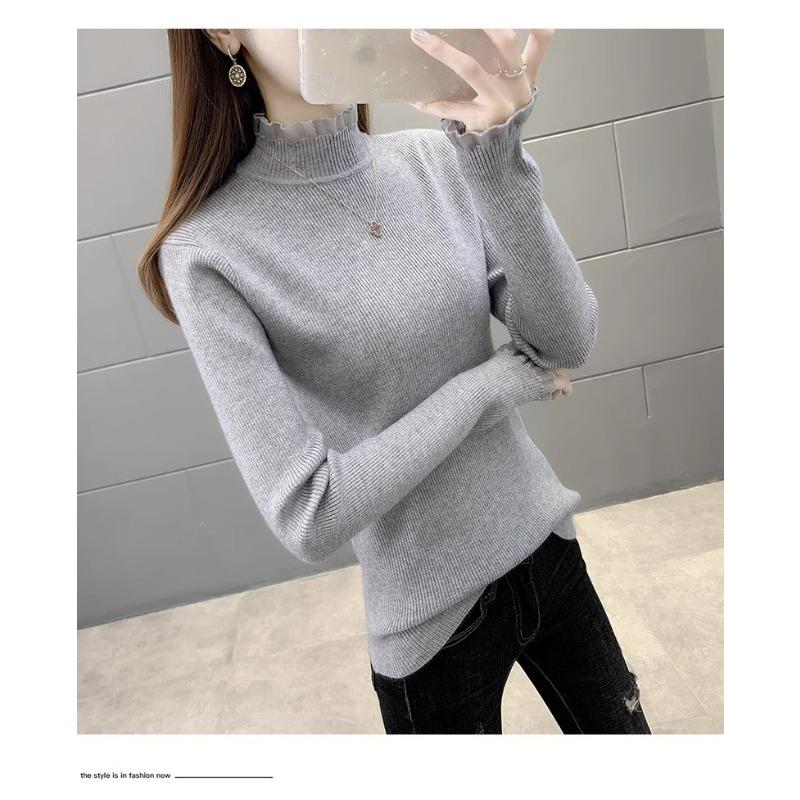 Semi-turtleneck Knitted Sweater Women's Spring and Autumn New Versatile Lace Splicing Sweater Backing Inner Top