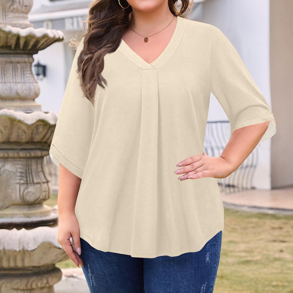 Women's Fashion Large Size Solid Color V-Neck Three-quarter Sleeve Top