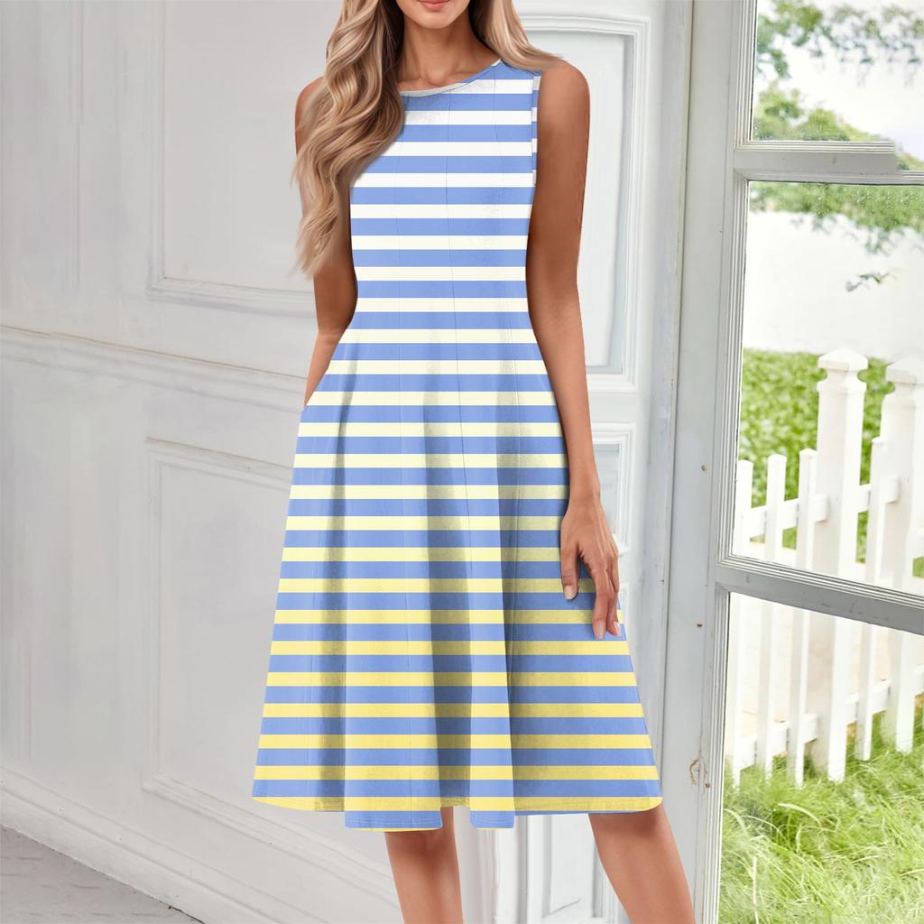 Women's Fashionable Round Neck Sleeveless Printed Casual Pullover Mid Length Dress