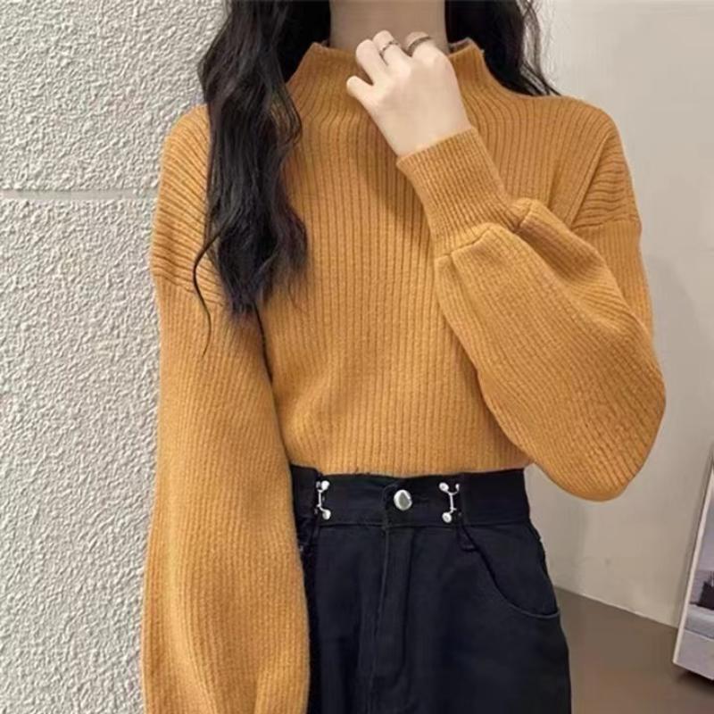 Women Autumn Mock Neck Knitted Sweater Lantern Long Sleeve Solid Elegant Pullovers Korean Loose Casual Tops Office Lady Jumpers