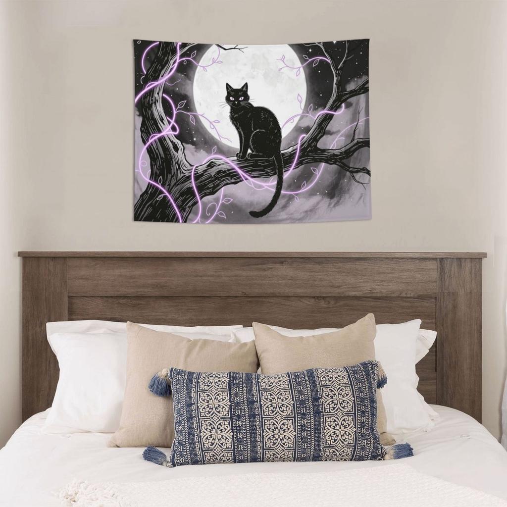 Halloween Black Cats Tapestry Wall Hanging Print Polyester Tapestry Witchy Mystical Moon Boho Wall Blanket Wall Decor Tapiz