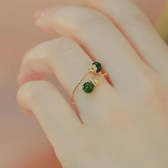 Women Ring Adjustable Opening Green Ball Design Finger Ring Retro Open Wrap Finger Band Jewelry Gift
