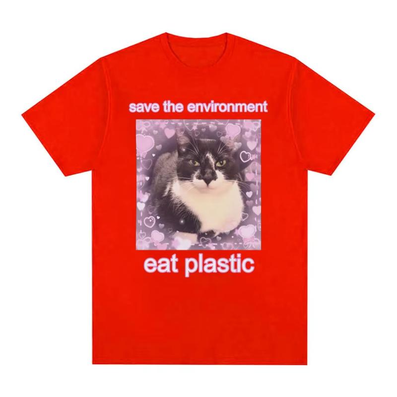 Save The EnvironUnisext Eat Plastic Cute Cat Graphic T Shirt Funny Unisex Women ONeck Clothing TshirtsCotton Oversized Tshirt