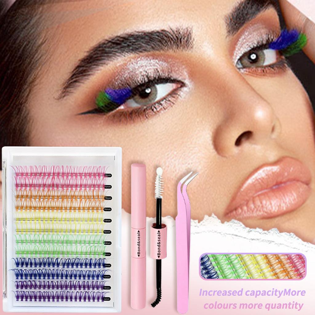 Набор цветных кластеров ресниц. Набор отдельных накладных ресниц. Сегментированные накладные ресницы с клеем для ресниц.