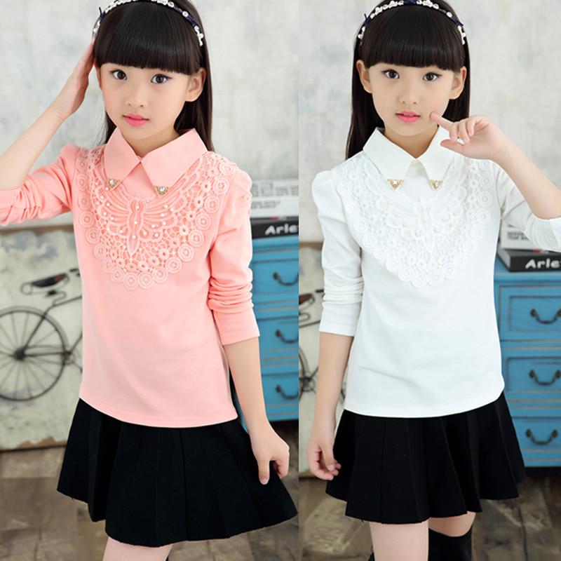 YUBAOBEI Spring Autumn Girls Blouse Children Lapel Tops Clothing Kids Cotton Pink White T-Shirt