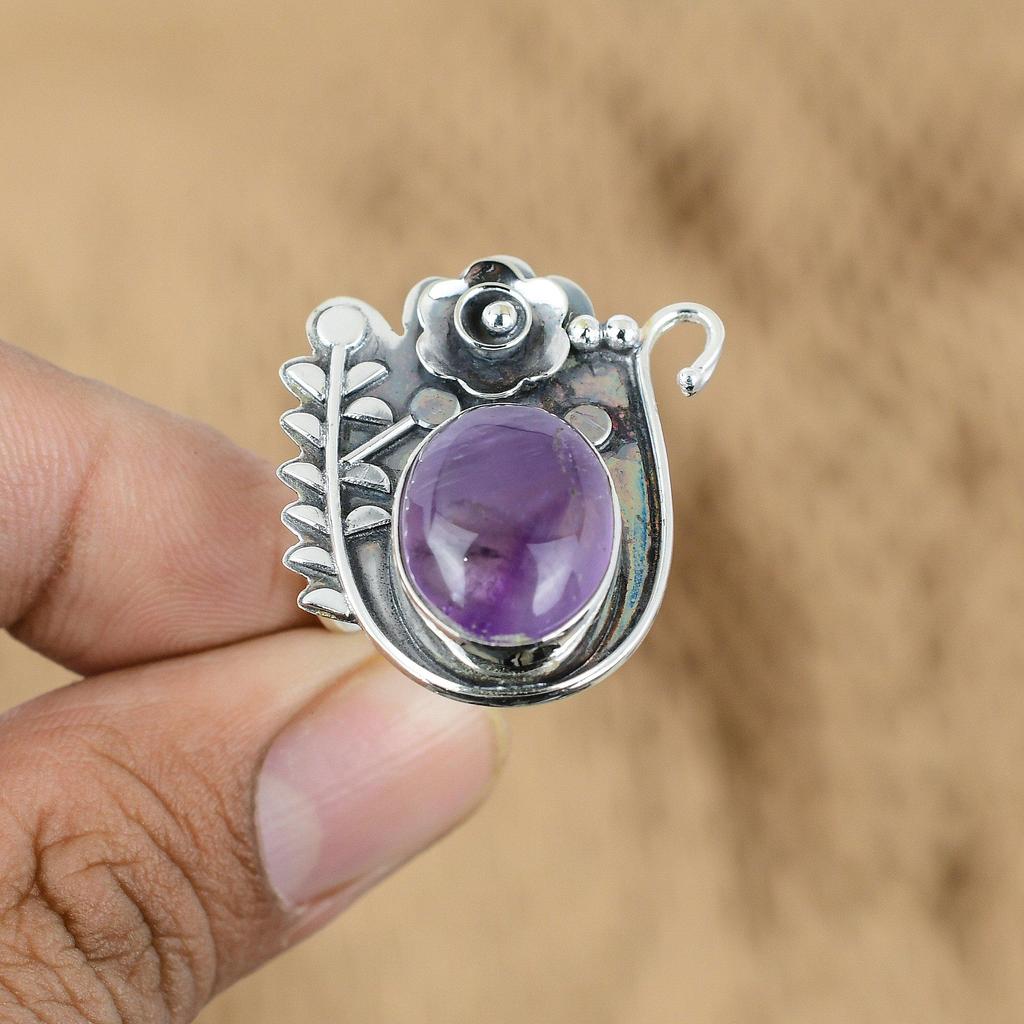 925 Silver February Birth African Amethyst Gemstone Flower Ethnic Ring Jewelry