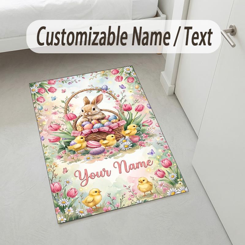 Easter Bunny Theme Crystal Velvet Rug Personalized Custom Name Text Soft Floor Mat Home Decor