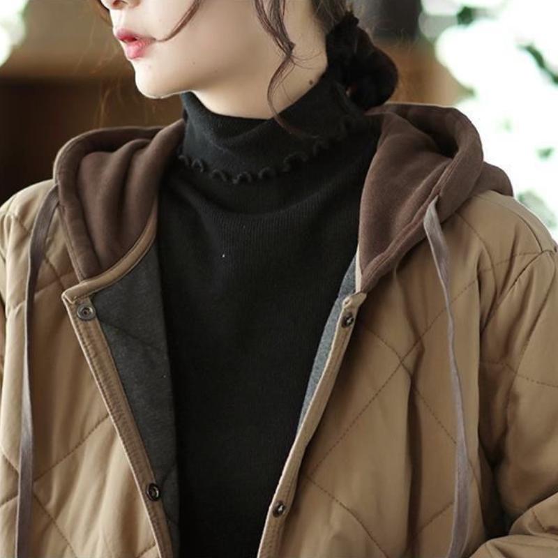 Осеннее винтажное пальто большого размера с капюшоном в виде ромба, женская зимняя новая хлопковая куртка, свободная повседневная куртка средней длины с контрастными цветами и подкладкой из хлопка
