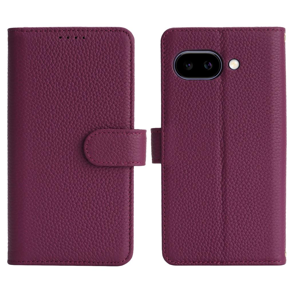 For Google Pixel 9a Stand Case Litchi Texture Genuine Cow Leather Wallet Phone Cover RFID Blocking