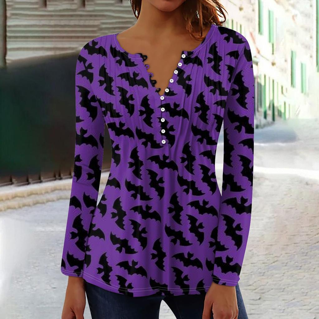 Женский топ с длинными рукавами и плиссированным воротником на пуговицах с принтом Хэллоуина, весна-осень
