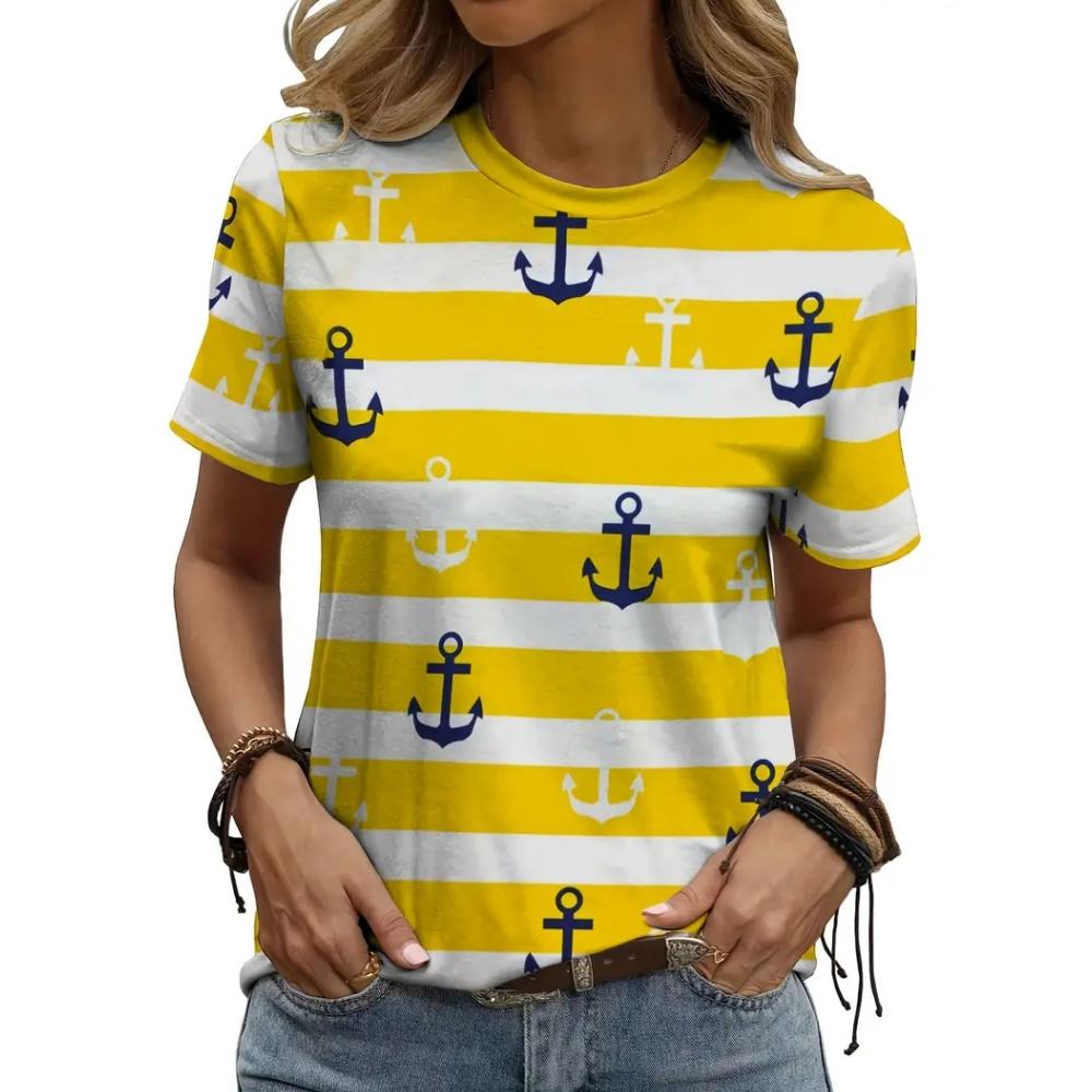 Fashion Boat Anchor Pattern Women's Clothing Summer Striped Patchwork Color Round Neck Short Sleeved Tops Loose Casual Oversize