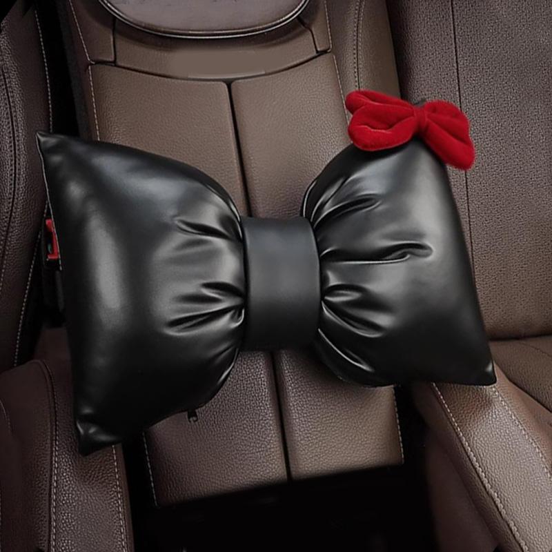 1Pc Fashion Red Bowknot Pu Leather Car Neck Pillow Auto Bow-Shaped Headrest Seat Support Waist Pillows Car Interior Accessories