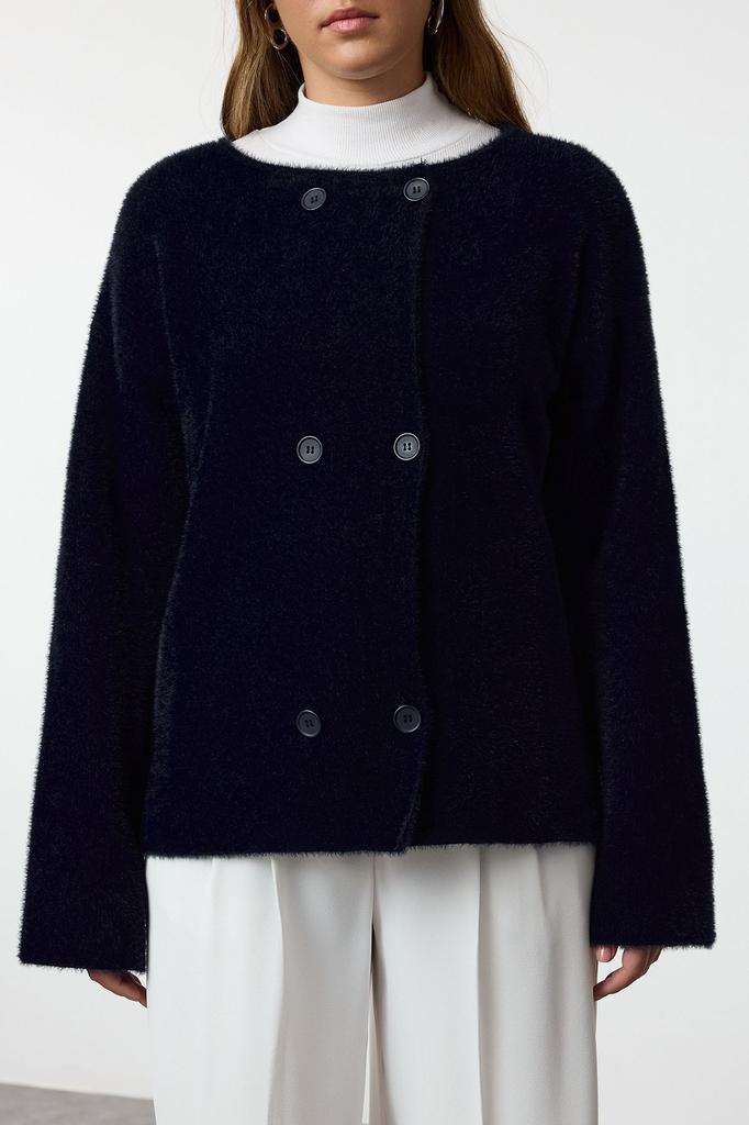 Women's Fashionable Stylish Cardigan Navy Blue Furry Coat Look Knitwear Cardigan