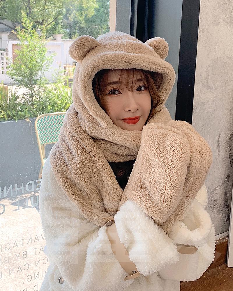 Комплект шапок и шарфа в стиле Дженни с медведем: Женский теплый плюшевый осенне-зимний галстук для студентов