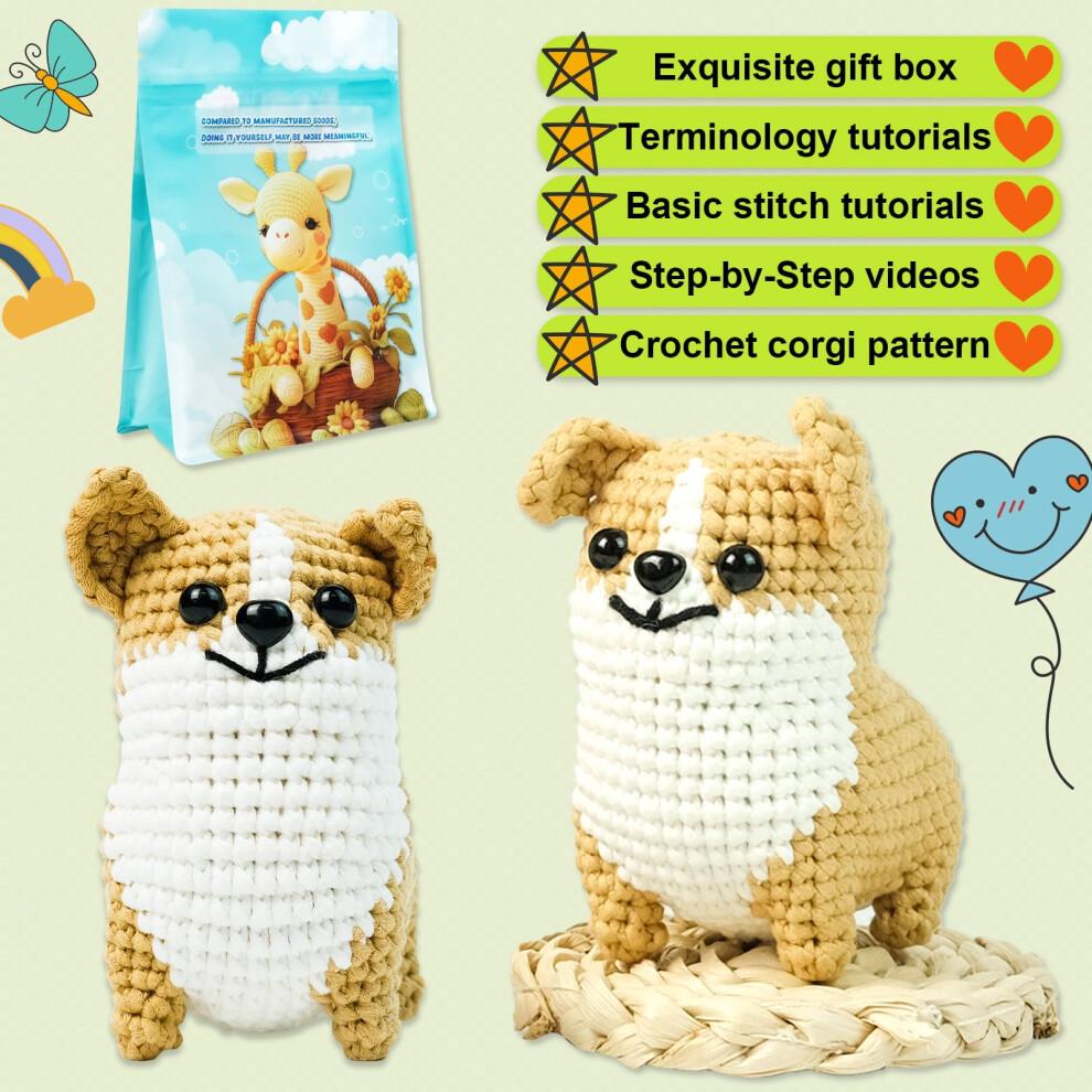 Corgi Crochet Kit for Adults – Beginner Starter Set with Yarn, Hook, Stuffing, Safety Eyes, Instructions | DIY Knitted Animal Doll Craft Gift