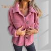 Winter Women Jacket with Double Pockets Thick Fleece Button Closure Cardigan Long Sleeves Warm Windproof Heat Retention Outdoor Coat