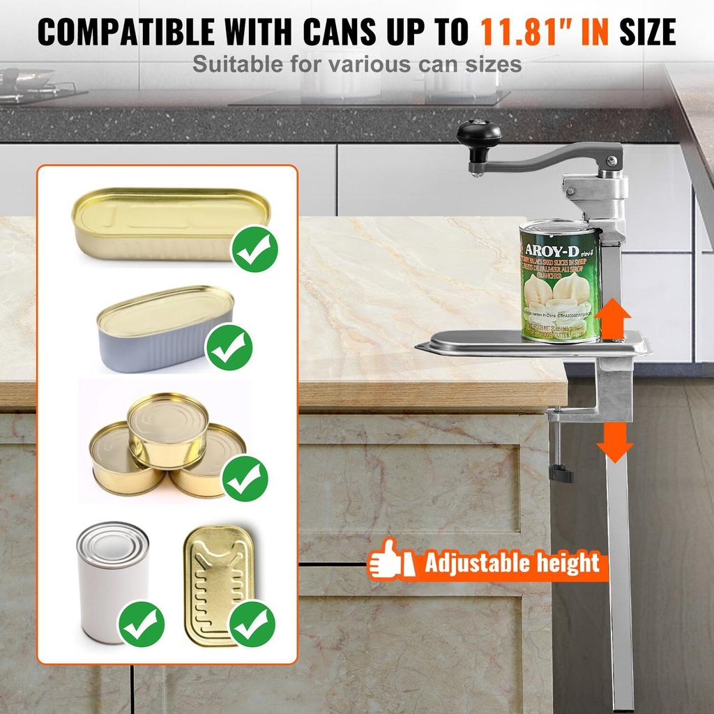 Commercial Can Opener, Heavy-Duty Manual Tabletop Cans Opener for Cans Up to 300 mm Height, Height-Adjustable Can Openers Fixed with Screws & Table
