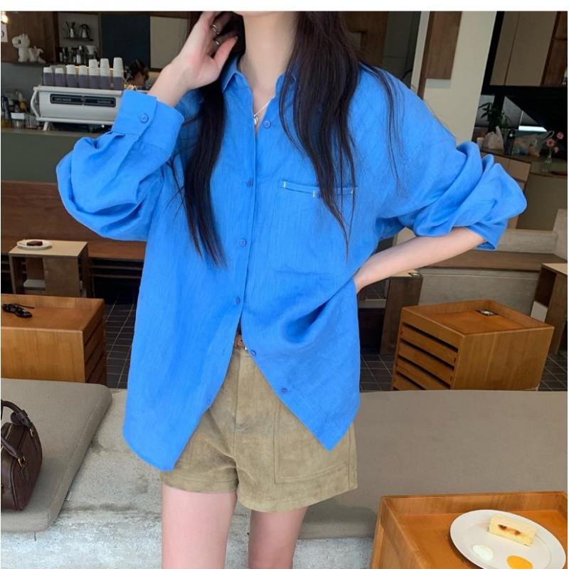 Womens Blue Long Sleeve Shirt Loose Fit Slimming Casual Workwear