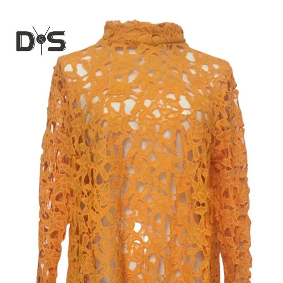 Женское длинное платье с вырезом сверху, нерегулярным вязанием крючком, кружевом, цветочным узором, прозрачной короткой передней частью и длинной задней частью, с полувысоким воротником и длинными рукавами