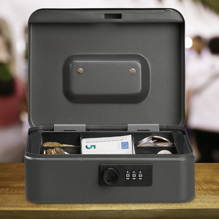 Relaxdays Caisse à monnaie, avec combinaison à 3 chiffres, rangement d’argent en fer, H x L x P 8,5 x 20 x 17 cm, gris