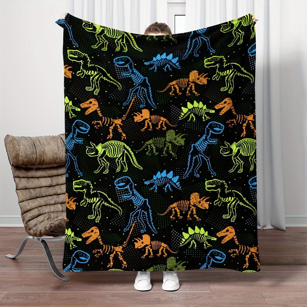 Colored Dinosaur Fossil Bone Skeleton Flannel Blanket, Soft Warm Digital Print for Sofa Office Bed Travel Gift