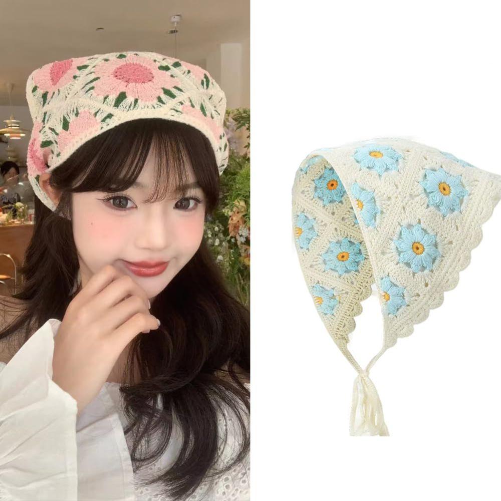 Flower Triangular HairScarf Knitted Small Square Scarf Ins Women's Headscarf for Autumn