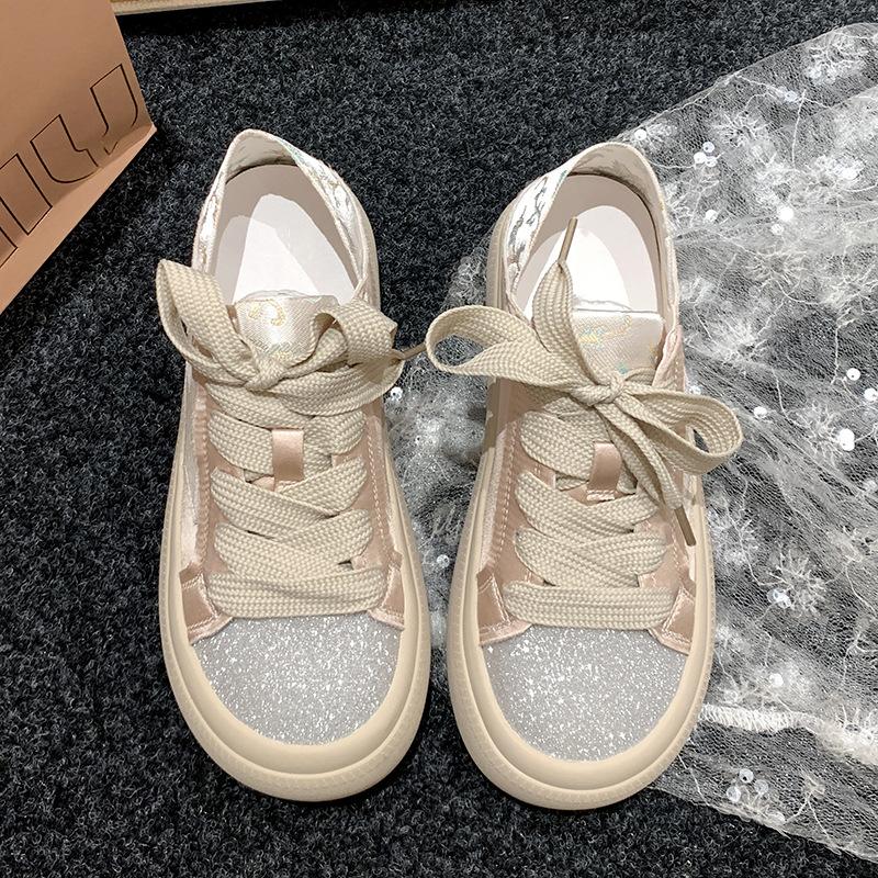 Two Wear Foot-stepping Satin Thick-soled White Shoes Women's Spring and Summer Breathable Retro Sports and Leisure Board Shoes