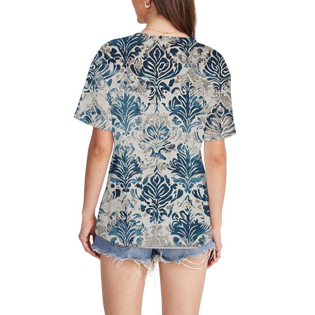 Women's Fashion Pocket V-neck Short Sleeve Plant Floral Print T-shirt Top
