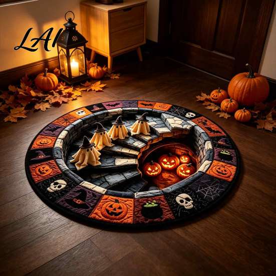 Durable Area Rug 3D Haunted Staircase Rug Halloween Ghost Stair Round Carpet with Anti-slip Backing Floor Mat for Living Room Bedroom Bathroom