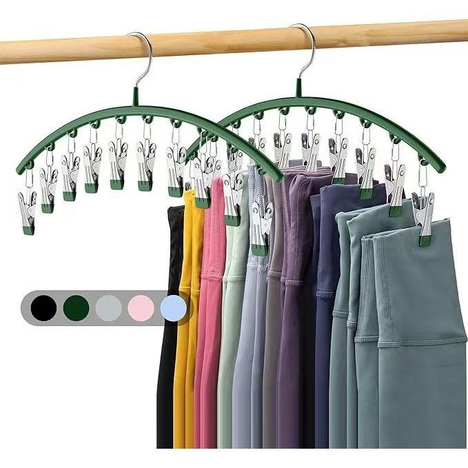 1pc Curved Shape Hanger, Metal Yoga Pants Hangers, Pants Hanger with 10 Clothespins, Space Saving Hanging Hangers, Closet Organizer W/Rubber Coated,